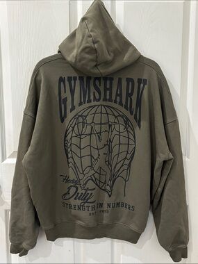 Gymshark Olive Hoodie Large Black Graphic in back Size Medium Cotton Blend